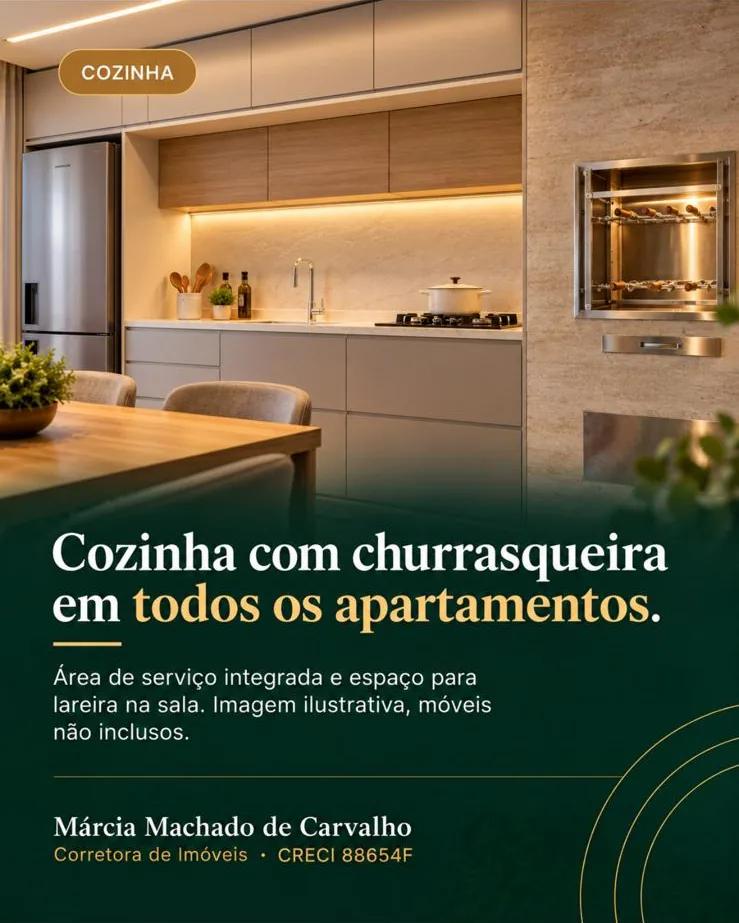 Cozinha com churrasqueira em todos os apartamentos