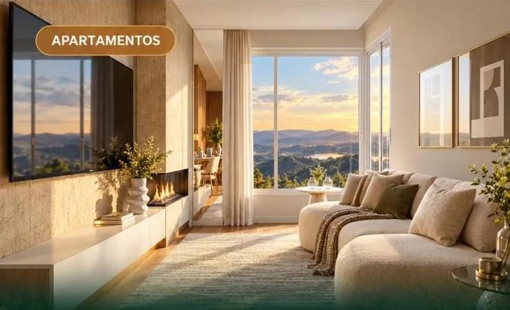 Sala de estar com vista para as montanhas e espaço para lareira (imagem ilustrativa)