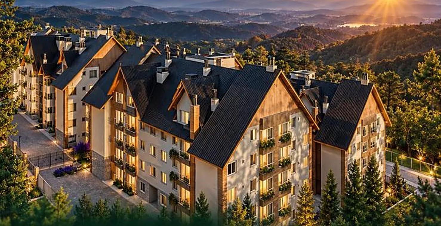Boa Vista Residencial ao pôr do sol, com as montanhas de Gramado ao fundo
